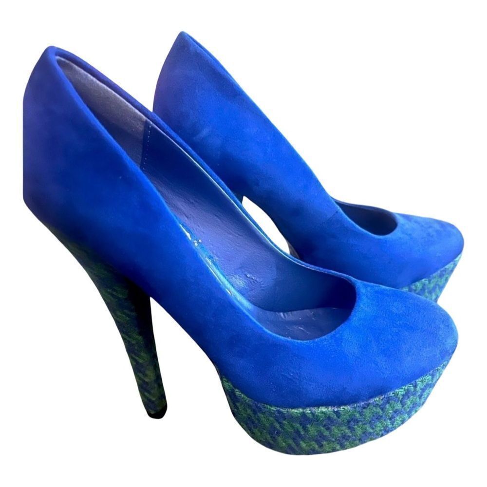 🛍️ Blue green suede, embroidered platform, stiletto pumps, high heels, size 7 - Picture 6 of 16